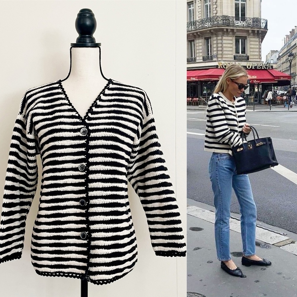 Vintage 80s Black and White Striped Cotton Knit Cardigan